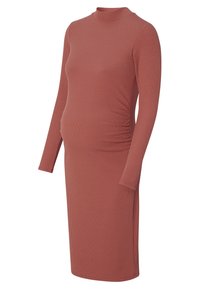 Umstandsrobe aus geripptem Material, rostfarben, knielang mit langen Ärmeln und seitlichen Raffungen für eine taillierte Silhouette.