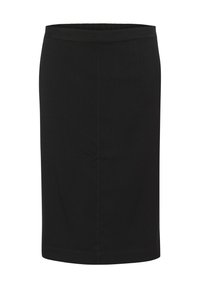 Falda lápiz negra con una cómoda cintura elástica, textura suave y un diseño minimalista sin patrones visibles ni sistemas de sujeción.