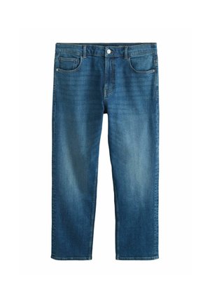 Modré denimové rifle so zapínaním na gombíky, s vreckami vpredu aj vzadu a s jemným vyblednutím na stehnách.