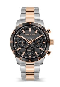 Cerruti 1881 herrkronograf med svart urtavla, band i silver och roséguld i rostfritt stål, tachymetrisk bezel och tre delur.