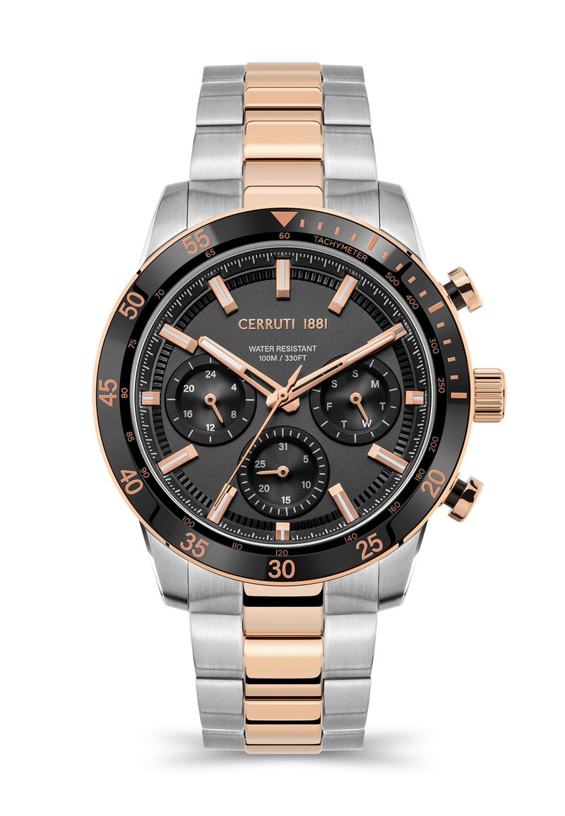 Cerruti 1881 herrkronograf med svart urtavla, band i silver och roséguld i rostfritt stål, tachymetrisk bezel och tre delur.