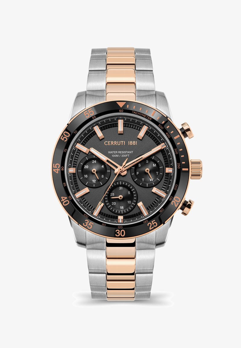 Cerruti 1881 herrkronograf med svart urtavla, band i silver och roséguld i rostfritt stål, tachymetrisk bezel och tre delur.