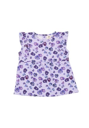 Sleeveless lavender toddler dress with ruffled shoulders and all-over purple and blue floral print.