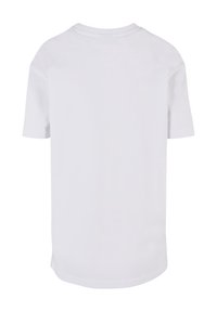 T-shirt blanc uni à manches courtes avec un col rond vu de dos sur un fond blanc.