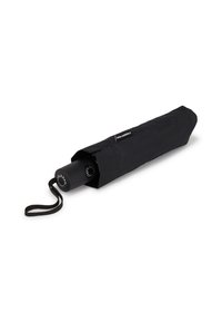 Parapluie compact noir avec un manche cylindrique, rangé dans une housse noire assortie. Présente un logo blanc, avec une sangle texturée.