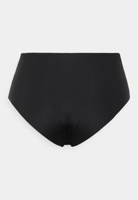 Visoko paseni črni bikini spodnji del, izdelan iz gladkega materiala, s sleek obliko brez vidnih šivov in klasičnim krojem.