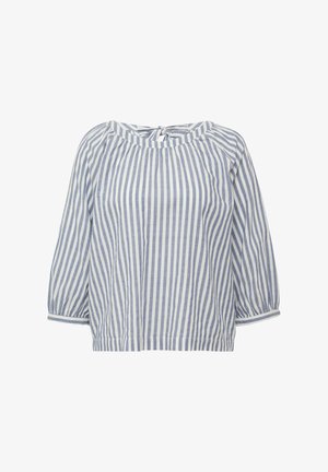 Blusa a righe in azzurro chiaro e bianco, realizzata in un tessuto dalla consistenza morbida. Presenta un collo rotondo e maniche a sbuffo con dettagli sui polsini.