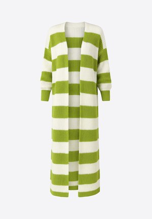 Cardigan a righe con colori alternati verde e bianco, realizzato in tessuto lavorato a maglia testurizzato, design aperto sul davanti e maniche a tre quarti.