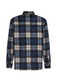 Langsleeve flanellen overhemd in marineblauw en blauw chevronpatroon met witte accenten. Voorzien van knoopmanchetten en een klassieke kraag. Zachte textuur.