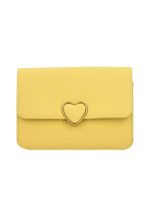 Portofel galben din piele cu un finisaj texturat, închidere cu un clasp auriu în formă de inimă și capac. Formă compactă și rectangulară.