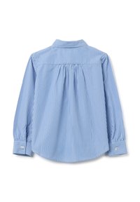 Gestreiftes Langarmhemd in Blau und Weiß mit klassischem Kragen, geknöpften Manschetten und gerafftem Rückendetail. Weiche Stofftextur.