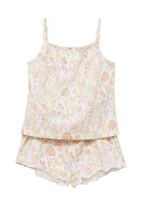 Blommig pyjamasuppsättning med ärmlös topp och shorts; har ett mjukt vitt tyg med pastellfärgade rosa och gula blommönster.
