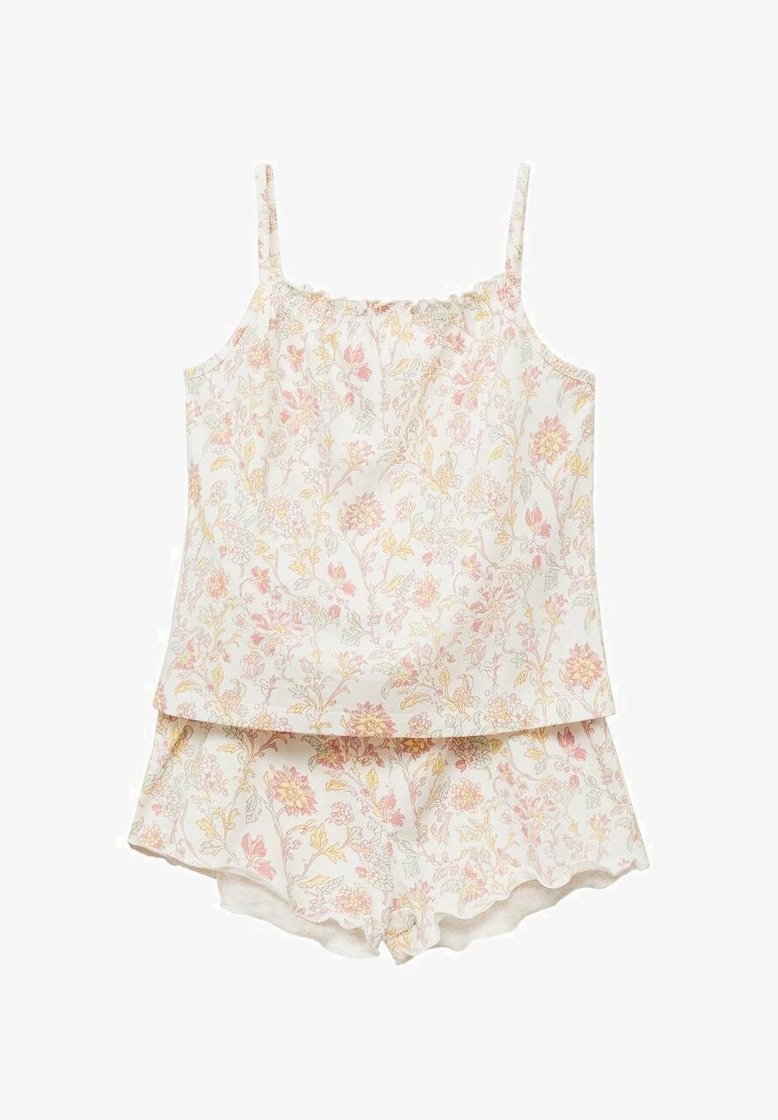Set de pijama floral cu top fără mâneci și pantaloni scurți; caracterizat printr-un material moale alb, cu modele de flori în nuanțe pastelate de roz și galben.