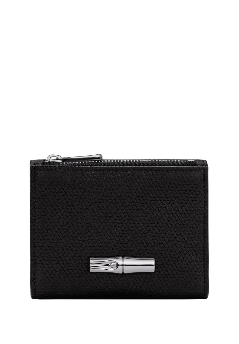 Black leather wallet with a textured surface, featuring a silver hardware accent and a zip closure on top. Compact rectangular design.