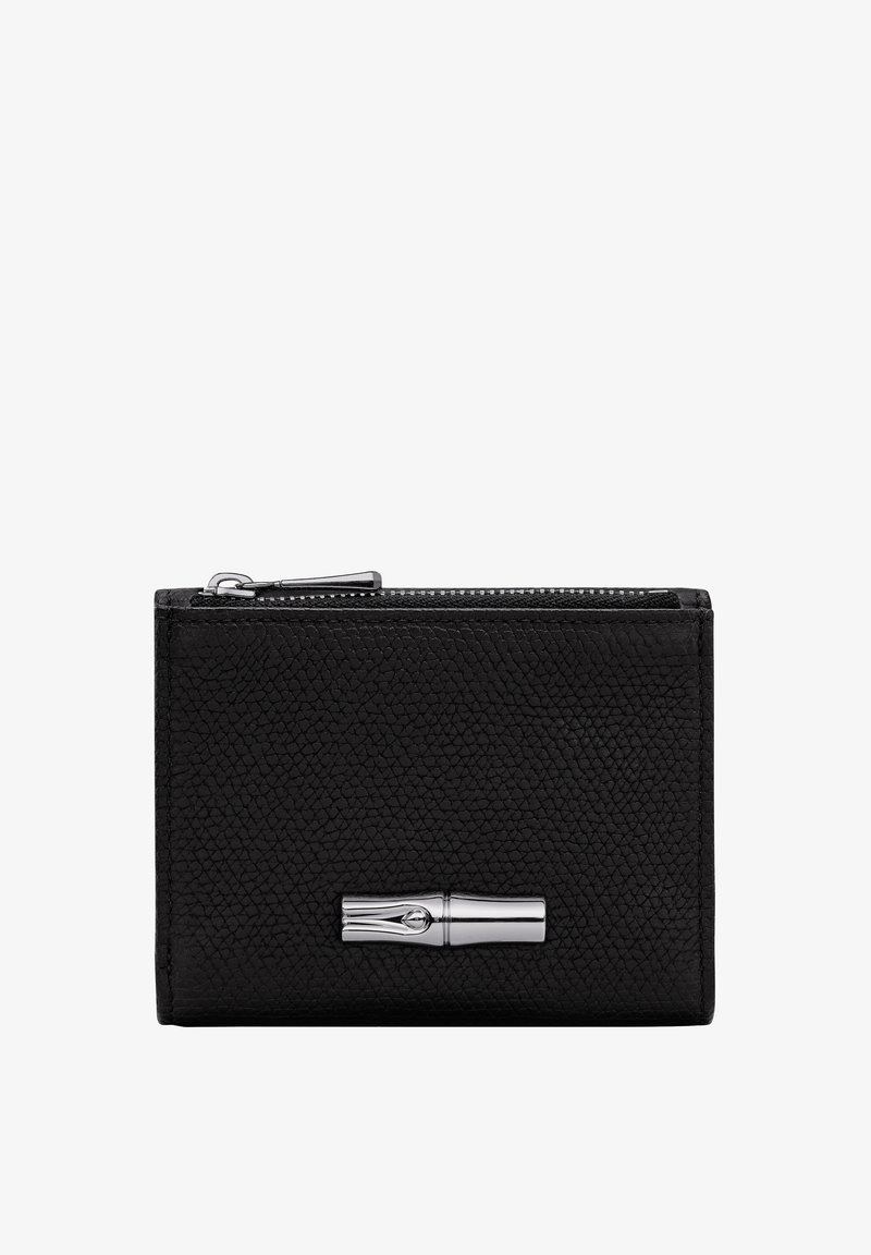 Black leather wallet with a textured surface, featuring a silver hardware accent and a zip closure on top. Compact rectangular design.