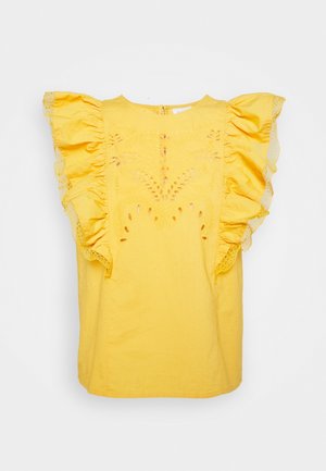 Gelbe ärmellose Bluse mit Volantärmeln aus Spitzenbesatz und dekorativer Ausstanzungsstickerei auf der Vorderseite.