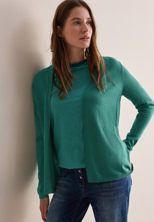 Teal cardigan over een groen en witte gestreepte blouse, beide van een zachte stof; gedragen met donkerblauwe jeans. Tegen een neutrale achtergrond.