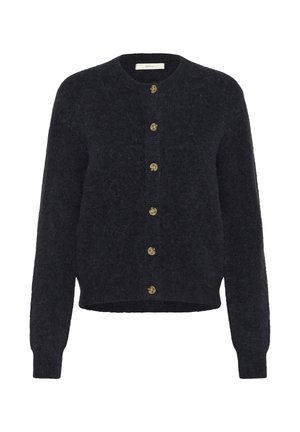 Dark navy cardigan made of fuzzy knit fabric, featuring a round neckline, front buttons, and ribbed cuffs with a cropped hem.