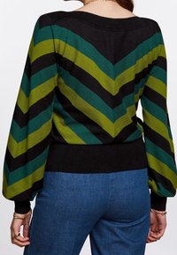 Pletený svetr se vzorem cik-cak v zelené, černé a žluté barvě; má široký výstřih a nafouklé rukávy. Kombinován s modrými kalhotami.
