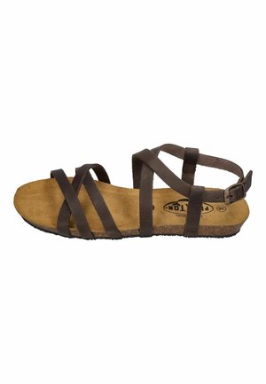 Brown leather strappy sandal with cork sole, adjustable ankle buckle, and tan suede footbed, size 38.