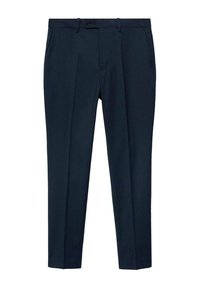 Pantaloni marini cu o croială dreaptă, fabricați dintr-un material fin, cu un pliț frontal singular, două buzunare laterale și un nasture la talie.