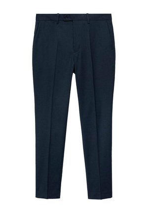 Navy trousers with a straight fit, made from smooth fabric, featuring a single front pleat, two side pockets, and a waistband button.