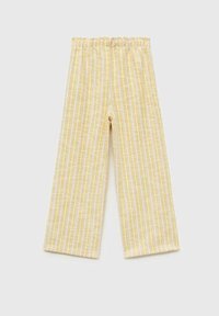 Light yellow wide-leg pants with vertical white stripes, elastic waistband, and soft, textured fabric. No pockets or additional details.