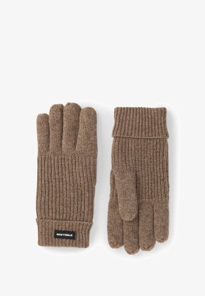 Brązowe dziergane wełniane rękawiczki z prążkowanymi ściągaczami, jedna rękawiczka pokazuje górną stronę, a druga stronę dłoni z podwiniętym mankietem.