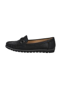 Mocasines de cuero negro con acentos cosidos, diseño de punta de mocasín, suela de goma plana, detalle de hebilla lateral y superficie texturizada.