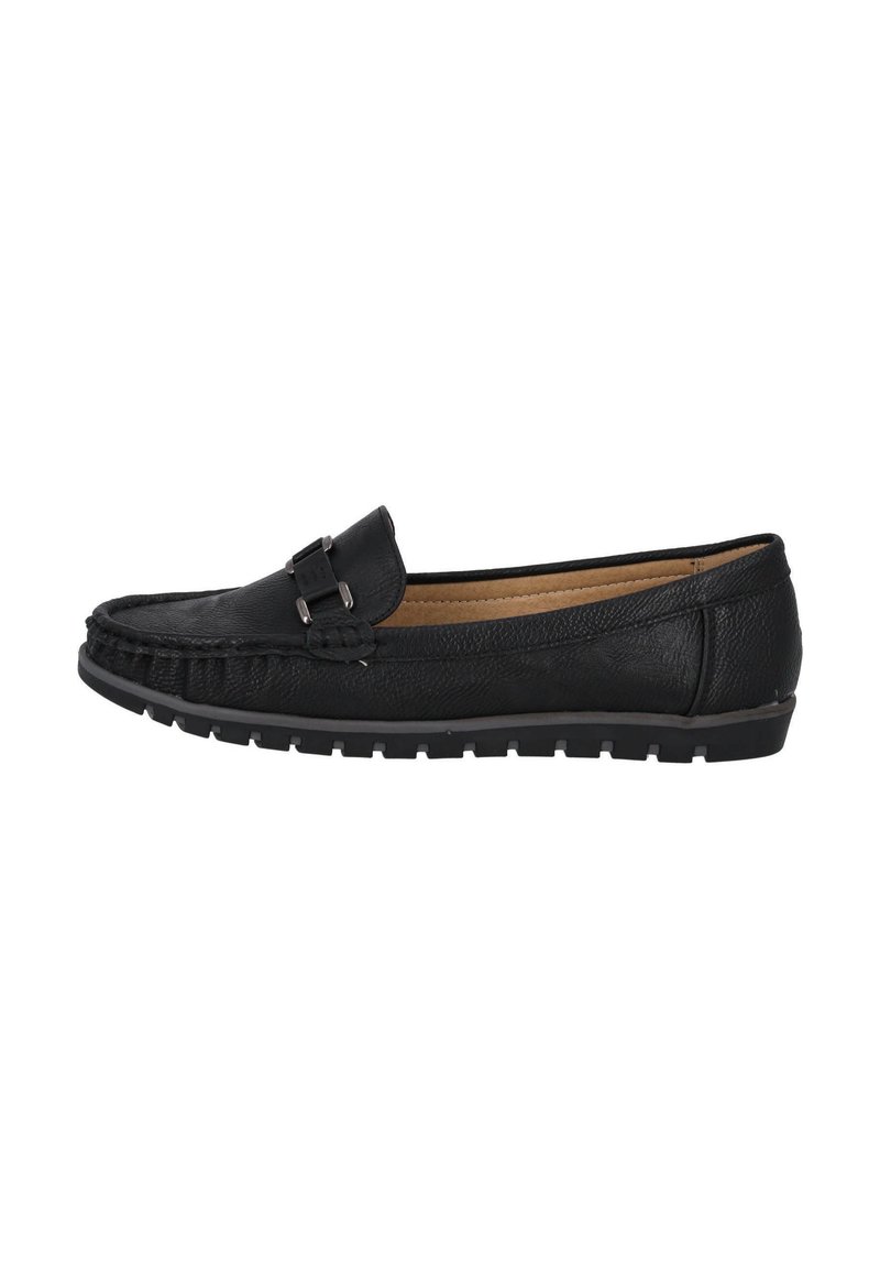 Mocasines de cuero negro con acentos cosidos, diseño de punta de mocasín, suela de goma plana, detalle de hebilla lateral y superficie texturizada.