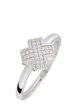 Silberner Ring mit erhabenem kreuzförmigem Design, besetzt mit kleinen runden klaren Steinen auf einem glänzend polierten Band.
