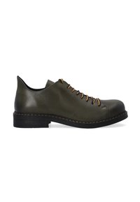 Olijfgroene lederen schoenen met een ronde neus, bruine veters en contrasterende stiksels. Kenmerkt zich door een lage hak en een gladde textuur.