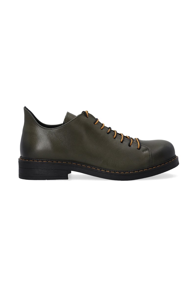 Olijfgroene lederen schoenen met een ronde neus, bruine veters en contrasterende stiksels. Kenmerkt zich door een lage hak en een gladde textuur.