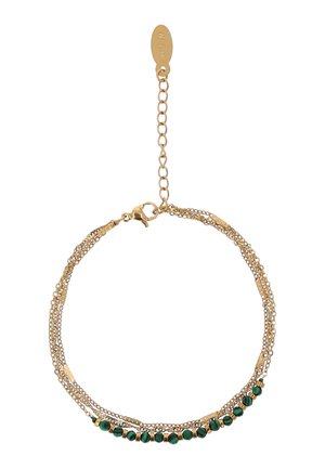 Brățară cu lanț stratificat în tonuri aurii, cu accente de mărgăritare verzi și închizătoare tip homar, prevăzută cu un lanț extensibil reglabil cu etichetă „XPTM”.