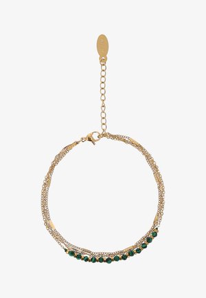 Brățară cu lanț stratificat în tonuri aurii, cu accente de mărgăritare verzi și închizătoare tip homar, prevăzută cu un lanț extensibil reglabil cu etichetă „XPTM”.