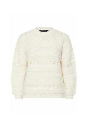 Texturiertes Cremepullover mit Rundhalsausschnitt, langen Ärmeln und unterschiedlichen Strickmustern, ausgestattet mit gerippten Bündchen und Saum.