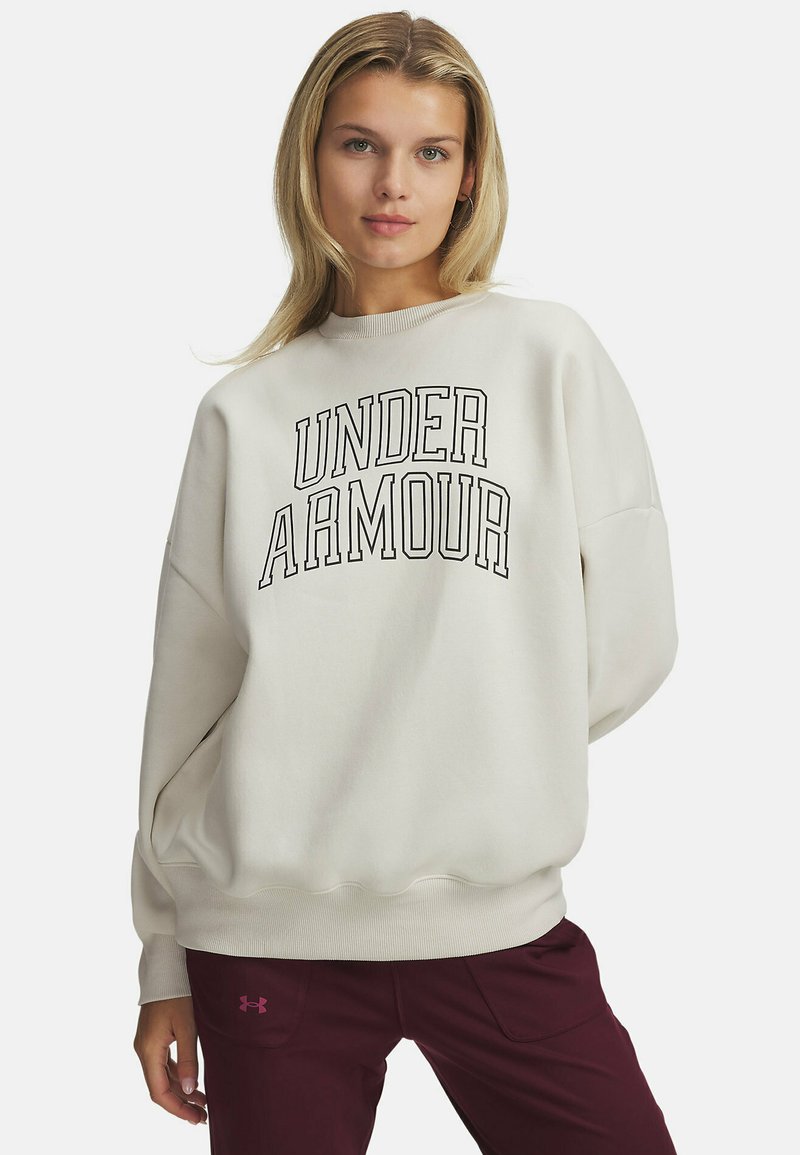 Svetlo šedá mikina s veľkým čiernym nápisom "UNDER ARMOUR". Má okrúhly výstrih a voľný strih s rebrovanými manžetami a lemom.