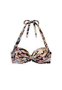 BH med svart bas som har ett färgglatt abstrakt mönster i nyanser av rosa, blått och gult. Knytning i nacken, formade kupor.