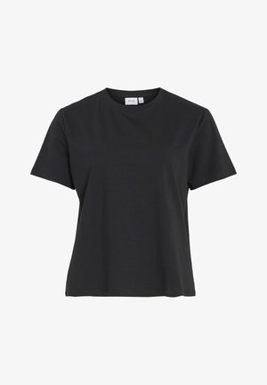 Tricou negru cu mânecă scurtă, fabricat din bumbac, cu guler rotund și croială dreaptă. Materialul pare neted, cu o textură minimă.