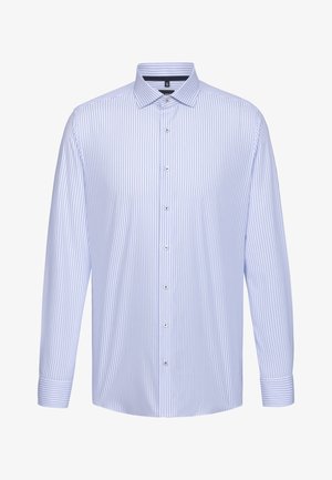 Light blue and white striped long-sleeve shirt made from fabric featuring a button-down collar, front buttons, and cuff details.