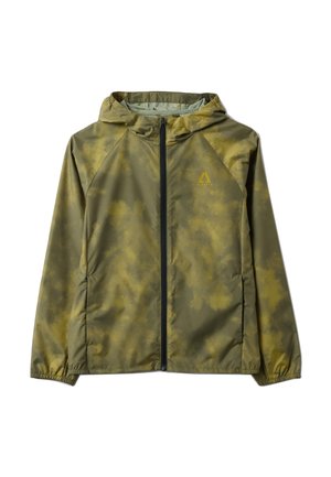 Leichte olivgrüne Kapuzenjacke mit Frontreißverschluss, elastischen Bündchen und dezentem gelben Tarnmuster.