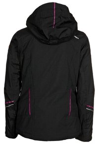 Giacca impermeabile nera con cappuccio, con accenti rosa e strisce riflettenti. Tessuto testurizzato con tasche laterali e vestibilità sicura.