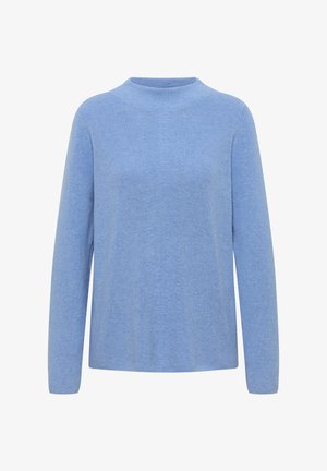 Maglione azzurro chiaro lavorato a maglia con maniche lunghe, colletto alto e un motivo testurizzato. Vestibilità semplice e rilassata, senza hardware o accenti visibili.