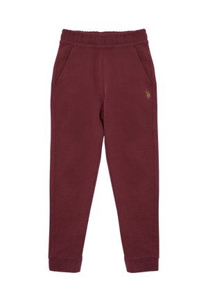 Pantaloni tuta bordeaux con cintura elastica, tasche laterali e un piccolo logo dorato sulla coscia sinistra. Texture morbida e liscia.