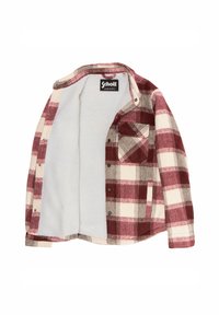 Camisa chaqueta de cuadros en rojo y crema con forro de polar, botones a presión y un bolsillo en el pecho. Textura suave y diseño casual.