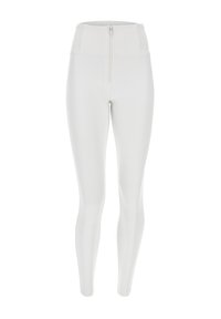 Leggings blancs taille haute avec une fermeture éclair à l'avant, fabriqués en un tissu lisse. Présente un design ajusté et une texture sans couture sur l'ensemble.