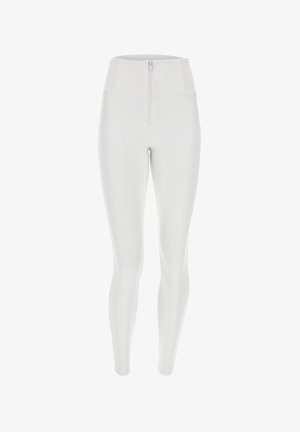 Leggings bianchi a vita alta con zip frontale, realizzati in tessuto liscio. Presentano un design aderente e una texture senza cuciture in tutto il capo.
