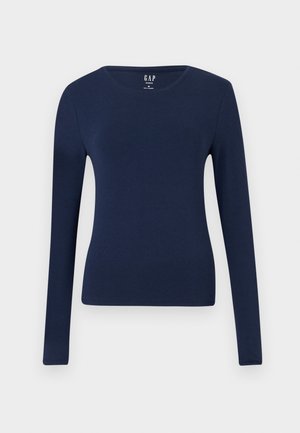 Navy blue long-sleeve women's fitted crew neck shirt with a smooth texture, displayed on a plain white background.