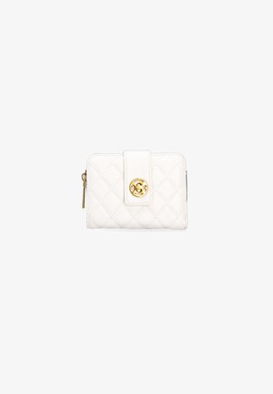 Quilted white wallet with gold hardware, snap closure, and a zippered compartment. Compact rectangular shape. Smooth texture.
