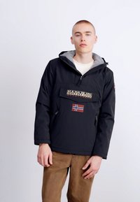 Black windbreaker jacket with a gray hood, featuring a front pocket, logo, and a Norway flag emblem. Smooth, durable material.